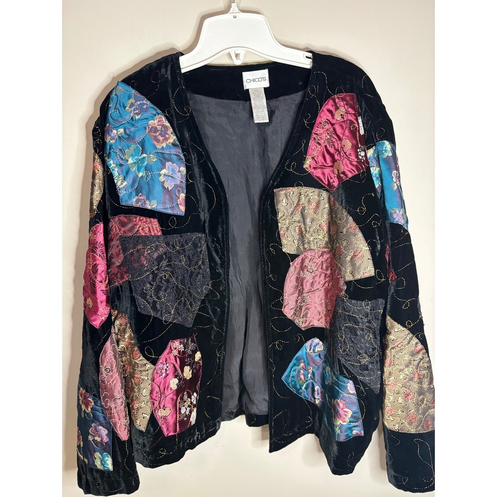 Chicos Velvet Patchwork Jacket Black Brocade Lace Silk‎ Blend Open Front Size 2